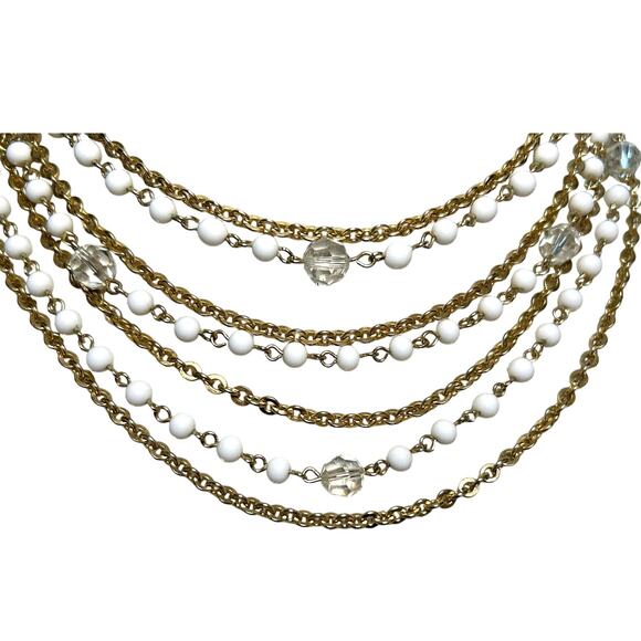 Vintage Lisner Multistrand Necklace Gold Tone White Clear Lucite Beads 1950s-60s - Picture 7 of 10